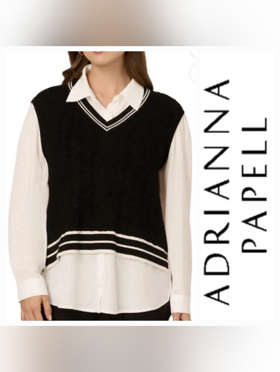 Adrianna Papell Tops - Adrianna Papell V‑Neck Sweater Vest Layered Blouse Navy Blue & White Sz XL